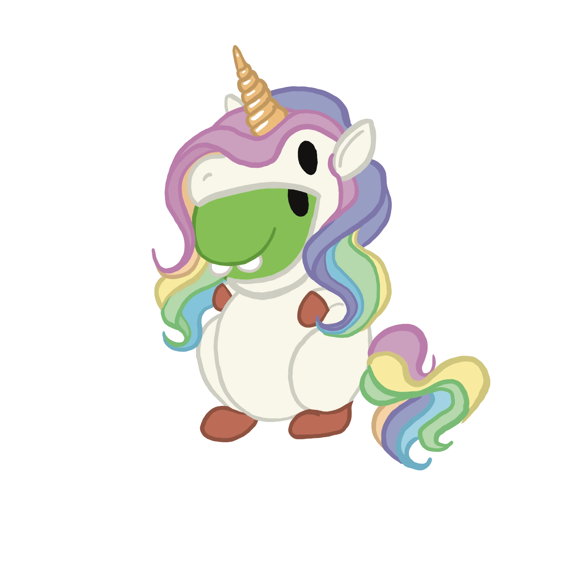 Flobble in a rainbow unicorn costume