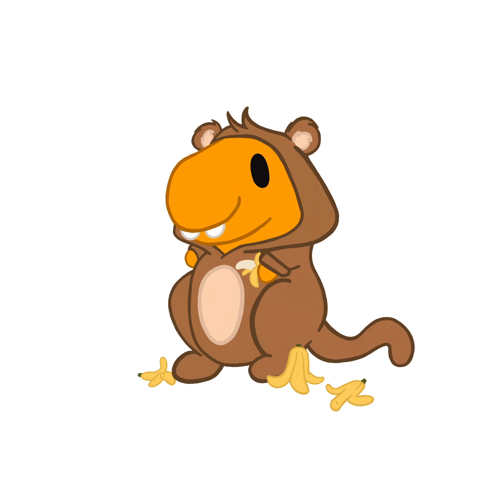 Flobble in a monkey costume with bananas