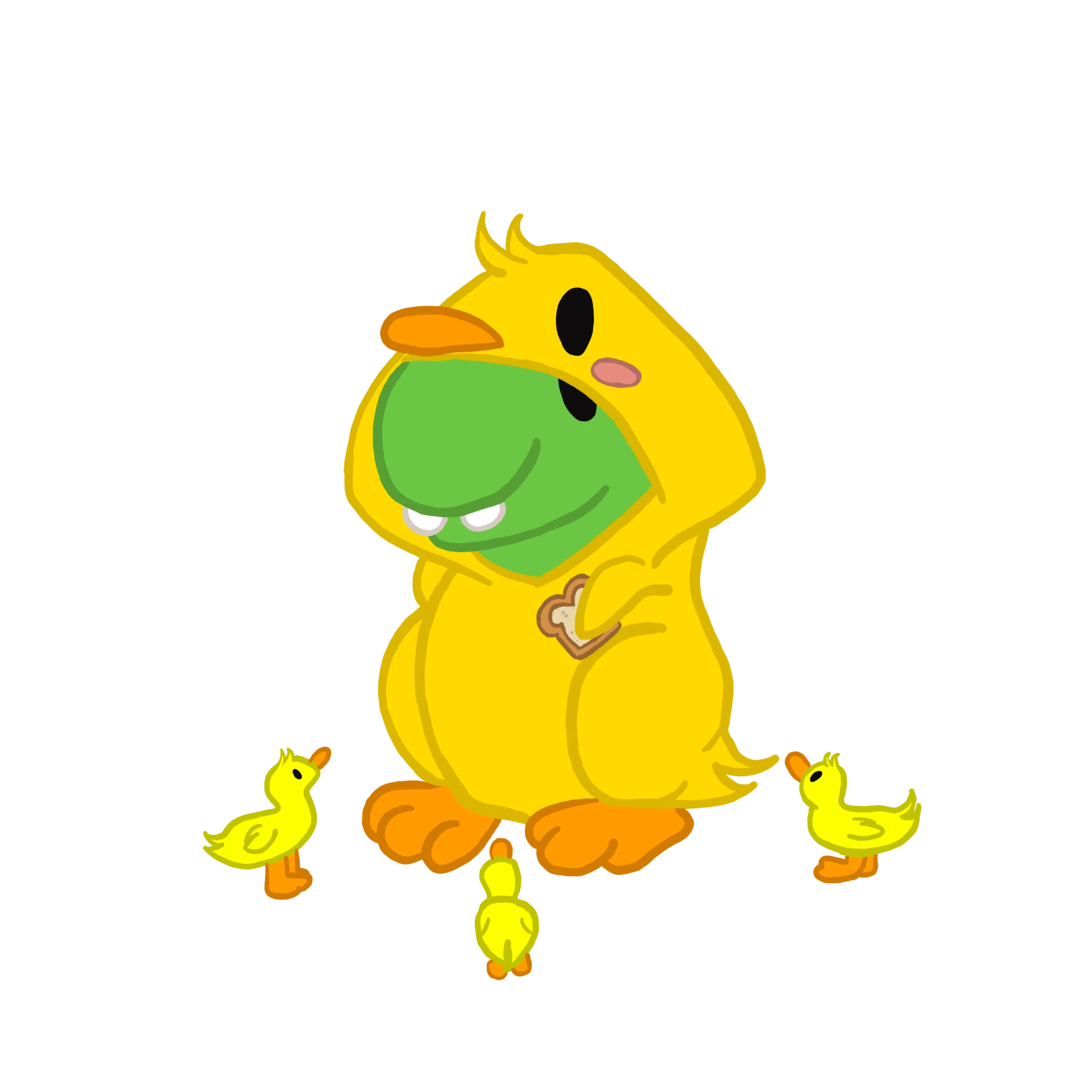 Flobble in a yellow duck costume with ducklings