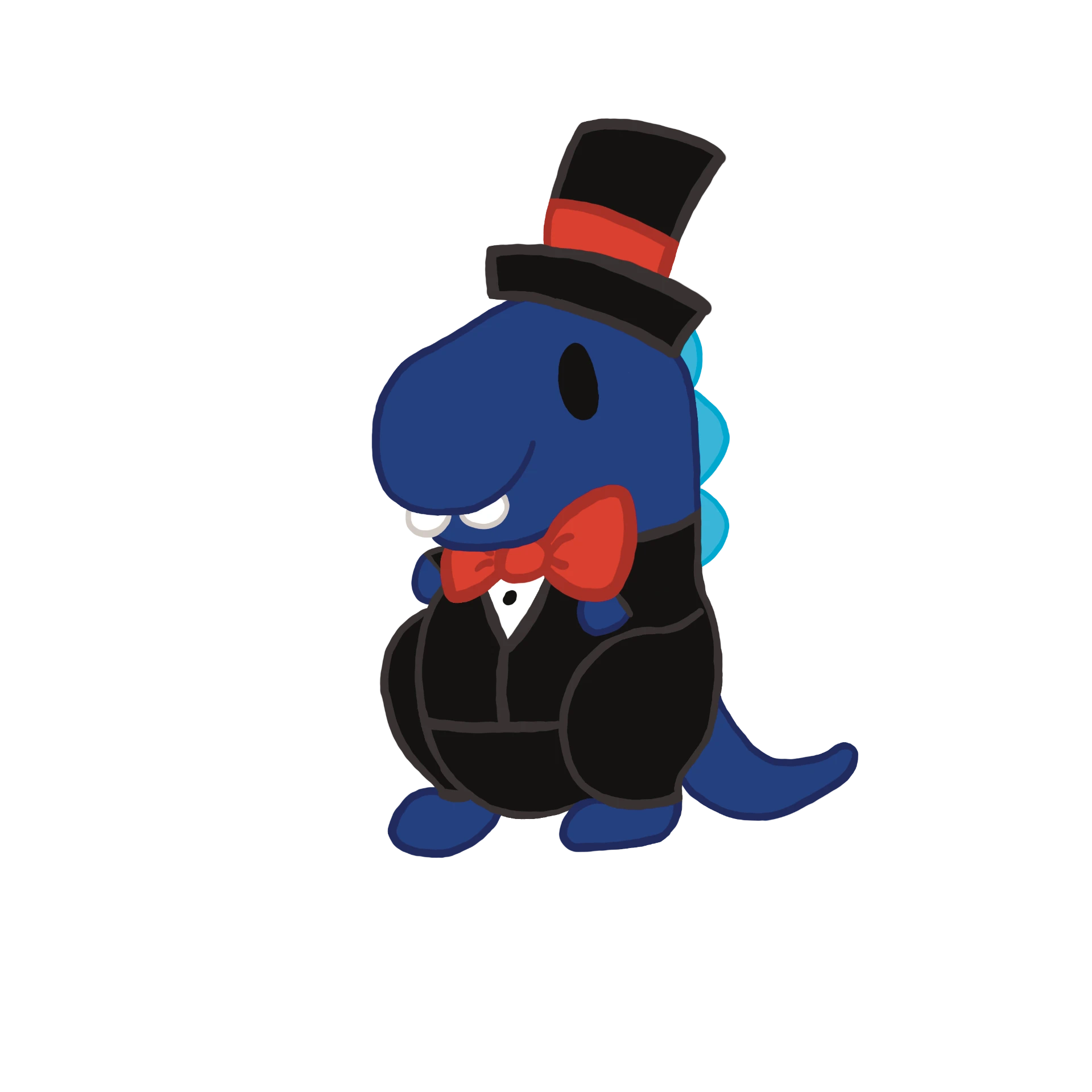 Blue Flobble wearing a top hat and red bow tie
