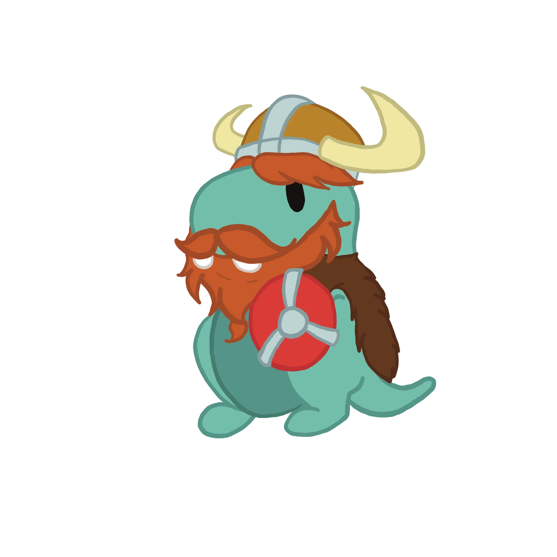 Flobble wearing a Viking helmet and carrying a shield