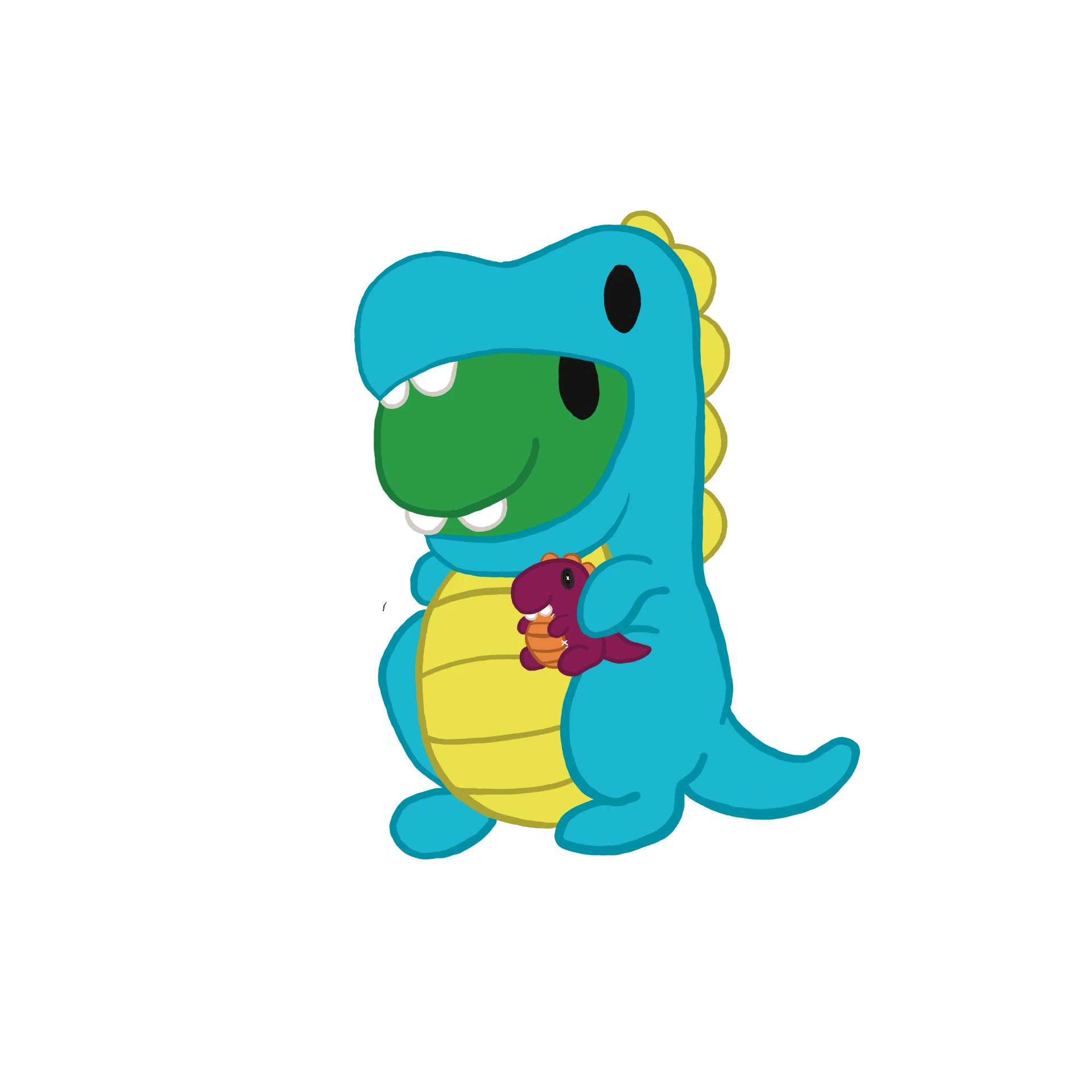 Flobble in a turquoise dinosaur costume holding a toy